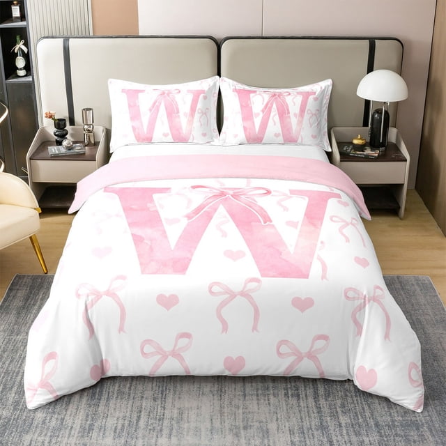 Erosebridal Housse de Couette Initiale W 100 % Coton Grand Lit, Literie Mignonne à Nœud Papillon Format Grand Lit, Déco de Princesse de Rêve, Réversible 3 Pcs (Sans Couette)
