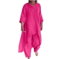 thumbnail image 2 of FAIWAD Ensemble 2 Pcs pour Femmes en Coton et Lin, Col Rond, Boutons, Manches Longues, Ourlet Irrégulier, Hauts, Pantalons, Décontracté, Ample, 2 of 6