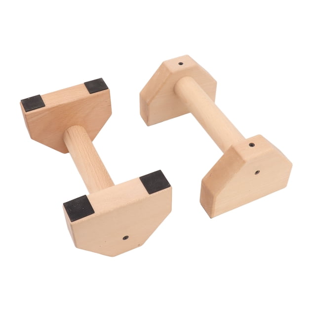 2Pcs Wooden Push Up Handles Handstand Bracket Parallettes Inversion Stand made of beech wood. The set includes two push-up bars with anti-slip handles for a secure grip and silicone pads for stability. Designed for push-ups, handstands, and strength training exercises, suitable for men and women.
