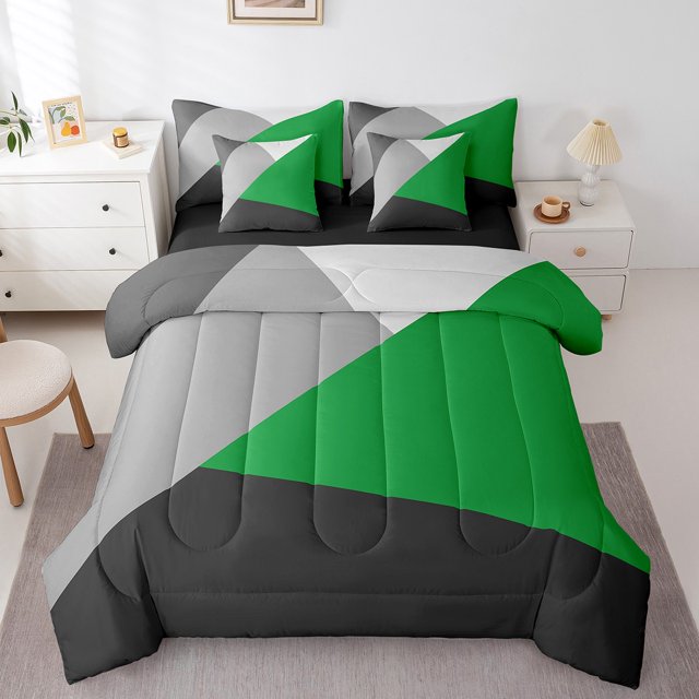 YST Patchwork Geometry 7 Piece Comforter Set Queen For Kids Teen Adults,Green Black Gray Bed In A Bag Geometric Triangle Bedding Comforter Sets Modern Abstract Bed Set Farmhouse Home Decor