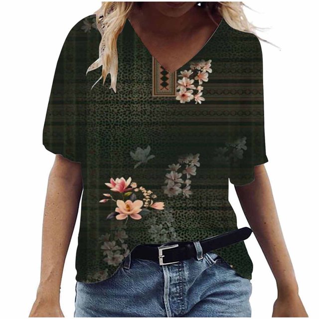 Birdeem T-Shirt à Col en V pour Femmes, Mode Décontractée, Grande Taille, Imprimé de Fleurs Pittoresques
