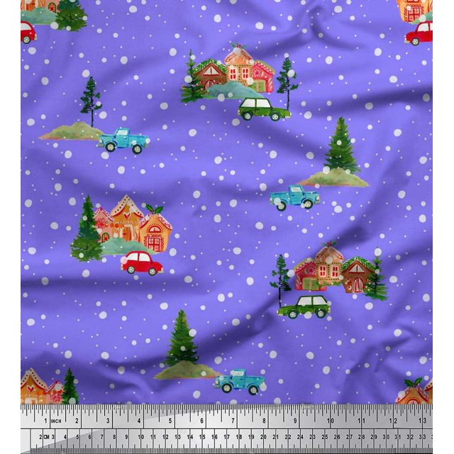 Soimoi Moss Georgette Fabric House,Tree & Car Transport Print Sewing Fabric Yard 42 Inch Wide