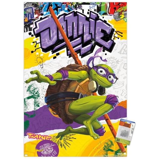 Les Tortues Ninja : Mutant Mayhem - Affiche Murale Donatello, 22,375 Po x 34 Po, Représentant Donatello en pose Accroupie Portant un Masque Violet et des Lunettes, Tenant Son Bâton orange bo sur un Fond de Style Graffiti Coloré avec accents Violets et Jaunes, Imprimée sur du Papier d'Affiche Lustré, Convenant à la Décoration Murale de Chambre Ou de Bureau.