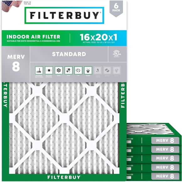 Filterbuy 16x20x1 Air Filter MERV 8 Dust Defense, HVAC AC Furnace Air Filters Replacement (6-Pack)