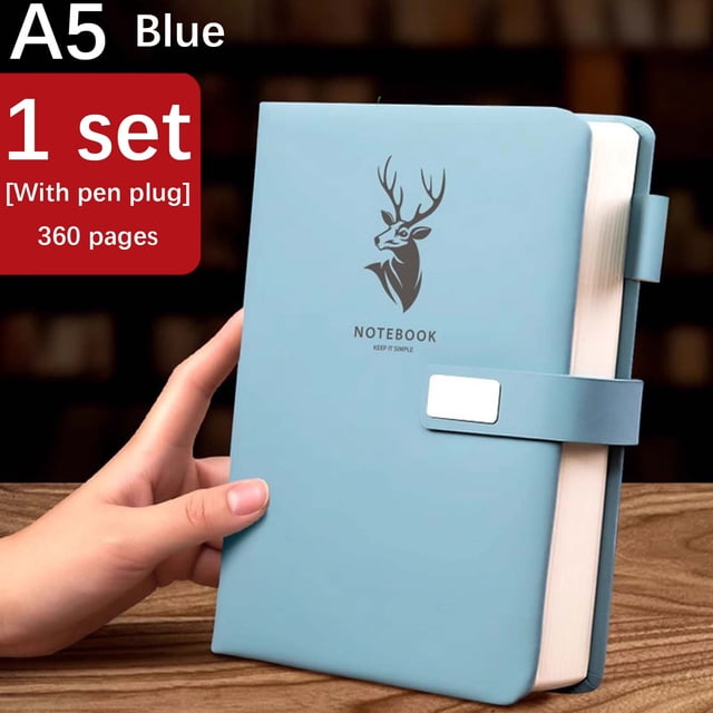 Meitianfacai Business Notebook Thick A5 Leather Journal in light blue with a deer logo on the cover, featuring a pen holder and 360 pages. The notebook has a durable artificial leather cover, lock seam binding, and 180° flat expansion for easy writing, ideal for meeting notes, work diaries, and office use.
