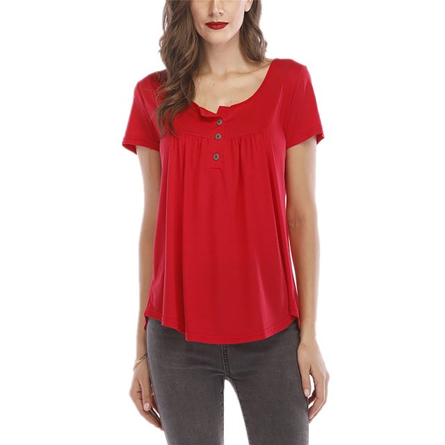 Innerwin T-Shirt Couleur Unie Hauts pour Femmes Été Manches Courtes T-Shirt Mode Rouge TTG