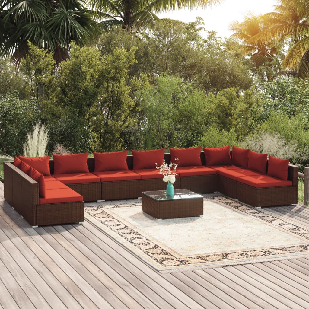 vidaXL Ensemble de Salon de Jardin 11 Pcs avec Coussins en Rotin Poly Brun