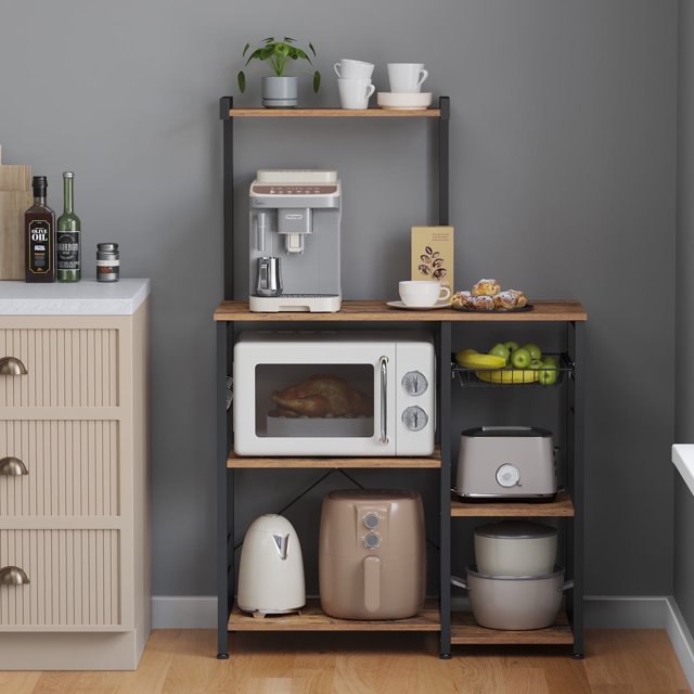 LEDREM Baker's Rack avec Panier en Fil Métallique et Crochets, Support pour Micro-Ondes et Étagère de Rangement de Cuisine pour Casseroles et Épices, Brun Rustique et Noir Encre