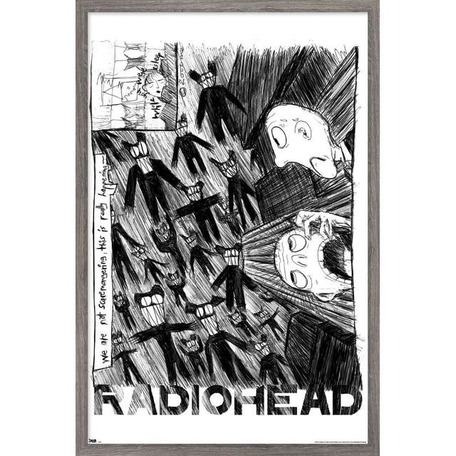 Radiohead - Affiche Murale à Gribouillis, 14,725 Po x 22,375 Po Encadrée Présentant une Croquis Moderne Noir et Blanc de figures Humanoïdes Abstraites avec des Bouche Souriantes et des Lunettes Entourant Deux Grands Visages Expressifs, l'Un Criant et l'Autre Usé, avec Texte Manuscrit à Gauche et Radiohead en Audacieux au Bas, Encadrée en Bois Clair avec une Finition Satinée, Convient à l'Art Mural et à la Déco Intérieure.