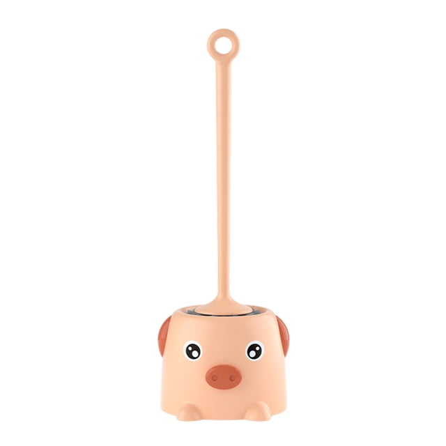 Toilet Bowl Cleaner Toilet Bowl Brush and Compact Toilet Cleaner Brush Set for Bathroom Cleaning. The set includes a pink plastic toilet brush with a long ergonomic handle and a compact holder designed in the shape of a pig. The brush features high-density soft bristles for effective cleaning without damaging surfaces. The holder has a hollow drainage system with a removable water storage tank to keep the brush dry and sanitary. Compact and modern design suitable for bathroom organization and storage.