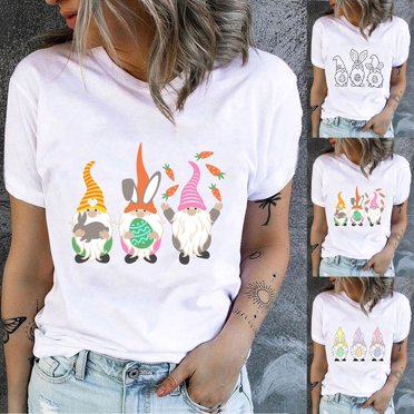 T-shirts à Col Rond pour Femmes, Imprimé Lapin de Pâques, Manches Courtes, Blouse, Hauts d'Été Grande Taille, Coupe Ample pour Femmes en Solde