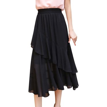 B91xZ Jupe Longueur Genou pour Femmes, Unie, Basique, Légère, Longueur au Sol, Évasée, Longue, Maxi, Jupe de Détente, Noir G