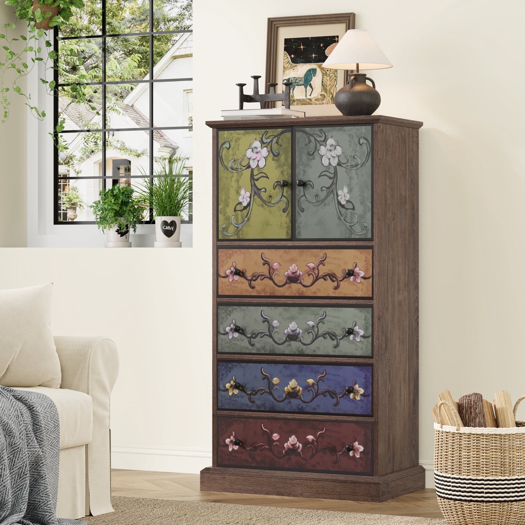 Homfa 50″ Tall Dresser with 4 Drawers, Boho Vintage Dresser with 2 Doors, Wood Drawers Chest for Bedroom Living Room Entryway