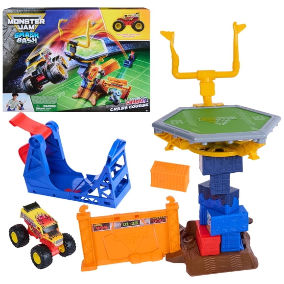 Monster Jam Smash & Bash Crash Course Playset with Launcher, Exclusive 1:64 Scale Monster Truck, 16-inch Obstacle Tower with Trampoline, Ki