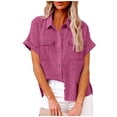 thumbnail image 1 of fheaev Button Up Shirts For Women Roll Up Short Sleeve Button Down Cotton Linen T-Shirts With Pocket V-Neck Work Tunics Blouse Collared Tops, 1 of 9
