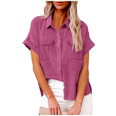 fheaev Chemises Boutonnées pour Femmes Manches Courtes Retroussées T-Shirts en Coton et Lin à Boutons avec Poche Tuniques de Travail à Col en V Blouse Hauts à Col