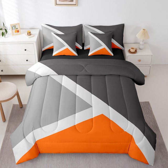 YST Geometric Triangle 7-Piece Bedding Set, King, Orange, Dark Grey, Light Grey, Aesthetic Geometry, Luxury Modern Simple Art Style
