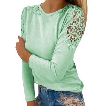 Women's Round Neck Solid Color Hollow Stitching Long Sleeved T Shirt