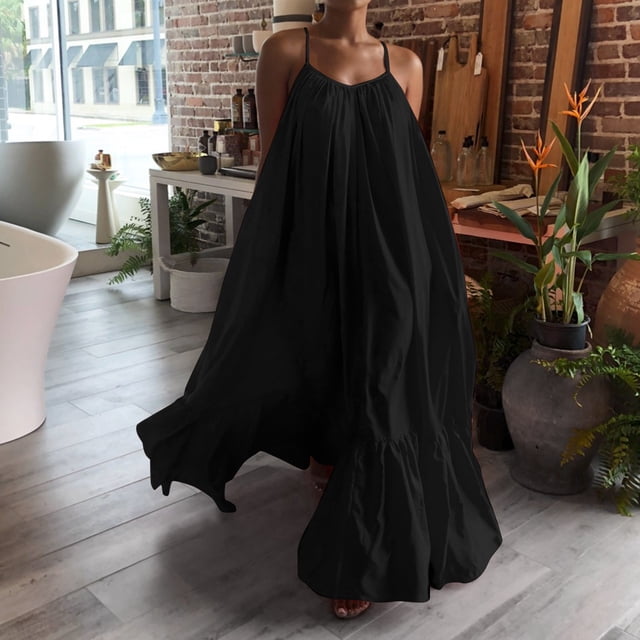 HKEJIAOI Robes de Sortie pour Femmes Offres Liquidation Cadeau de la Saint-Valentin Femmes Mode Décontractée Robe Unie à Bretelles Poche Ample Dos Nu Grande Robe Évasée Noir