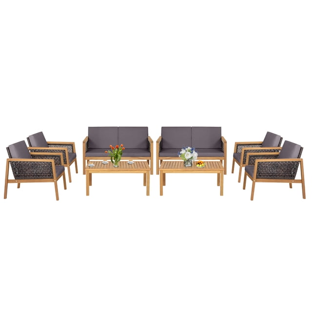 Patiojoy 8-Piece Patio Acacia Wood Furniture Set Outdoor PE Rattan Conversation Set with Removable Cushions