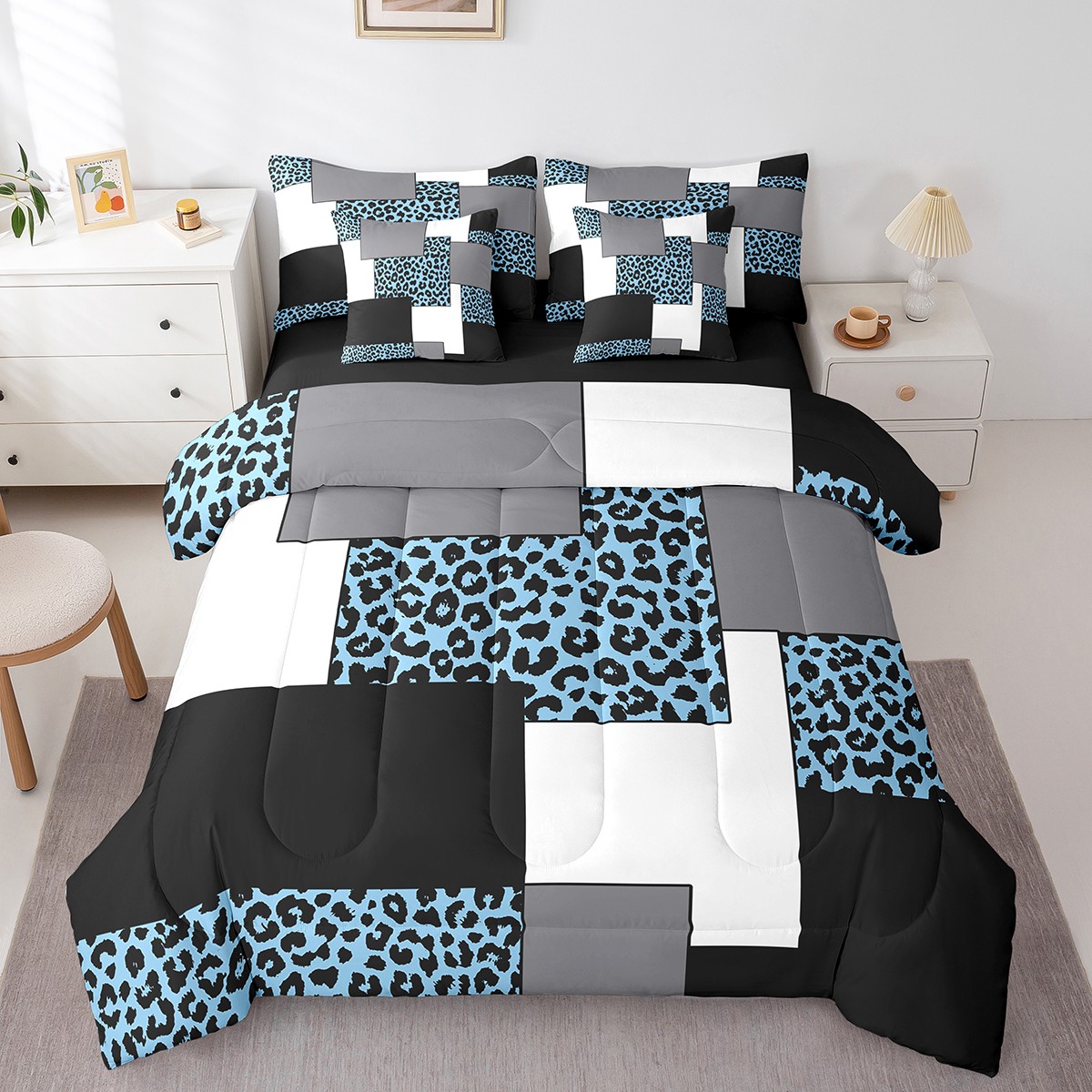 YST Ensemble de Douillette Grand 7 Pcs Style Mi-Siècle Moderne, Ensemble de Lit Géométrique à Rayures, Ensembles de Literie Noir Blanc Bleu, Ensembles de Lit Réversibles à Guépard Abstrait avec Ensemble de Draps en Microfibre