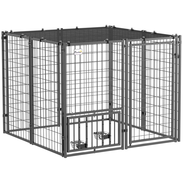 PawHut Enclos pour Chien Extérieur avec Bols pour Chien Ajustables et Rotatifs et un Couvercle Pare-Soleil. la construction en Acier à Fil Soudé Noir Offre une Aire d'Activités Sécurisée de 21 Pi2 (1,96 M2) pour Chiens Petits à Moyens jusqu'à 44 Lb (20 kg). les Caractéristiques Incluent un Couvercle Supérieur Pare-Soleil en HDPE pour la protection contre les Intempéries, un Verrou Sécurisé et un Support de Bol Ajustable pour un Alimentation Facile. Dimensions : 55,5 Pouces de Large, 55,5 Pouces de