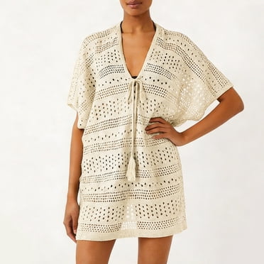 Oksale Paréos à Col en V Profond pour Femmes pour Maillots de Bain Ample à Manches Courtes d'Été Sortie de Plage Décontracté Ajouré Crochet Mini Robe d'Été Beige TG