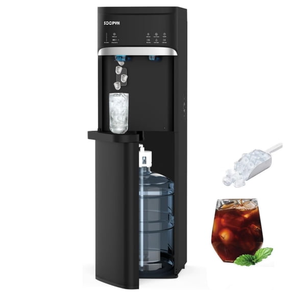 SOOPYK Distributeur d'Eau à Chargement par le Bas avec Machine à Glaçons pour Bouteille de 5 Gallons, Chaud/froid/pièce, Alerte Complète de Glace, 22 Lb/24 H, Auto-Nettoyage, Verrou de Sécurité pour Enfant Noir