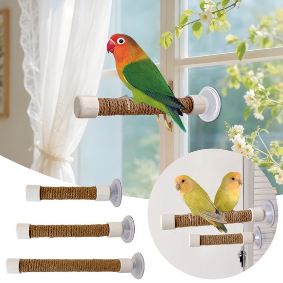 Vacemry 3Pcs Small Suction Cup Rope Bird Stand, Natural Rope Parrot Standing Pole, Bird Perch for Parakeets Cockatiels Lovebirds Finches, Indoor Window Cage Decor