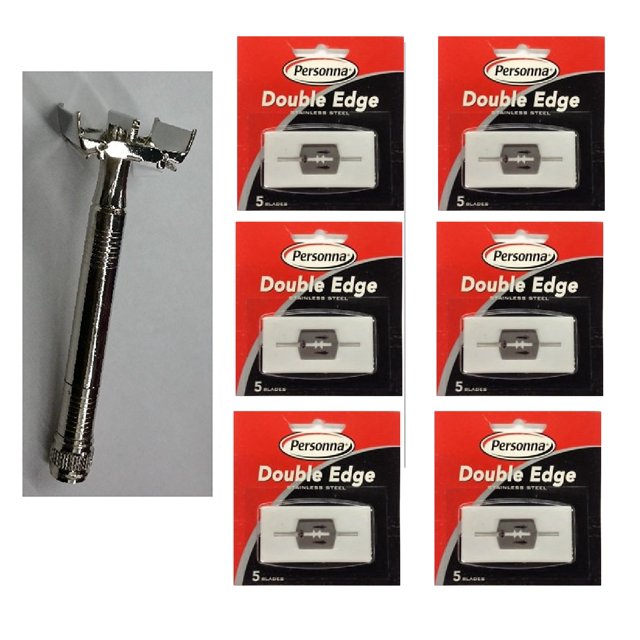 Double Edge Safety Razor + Personna Double Edge Stainless Steel Refill Blades, 5 ct. (Pack of 6)
