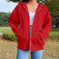 thumbnail image 2 of VINUSLI Womens Plus Size Hoodies Full Zip Solid Color Drawstring Lightweight Hoodie with Pocket Long Sleeve Fall Sweatshirt Red,M, 2 of 7