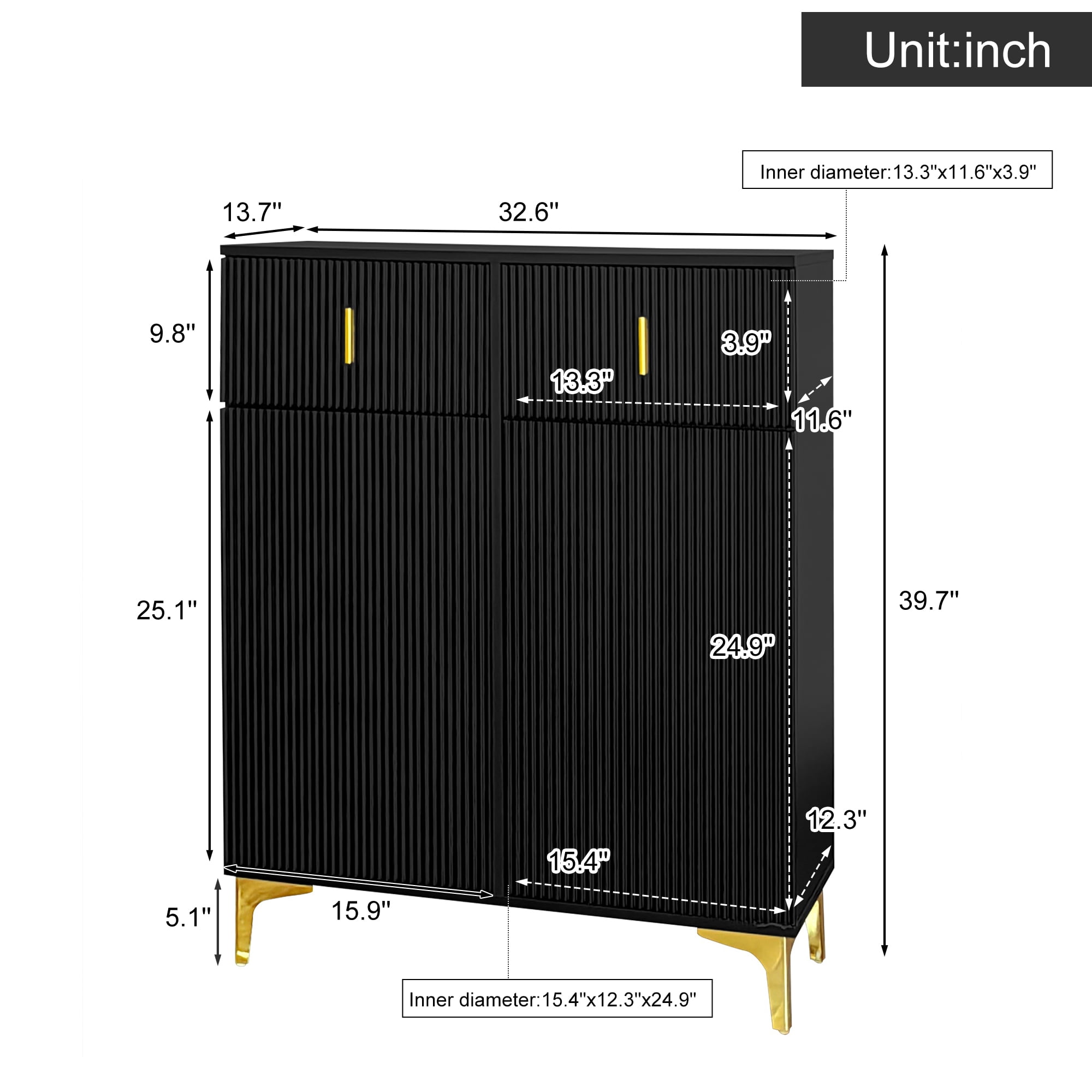 Homy Casa armoire de rangement noire avec 2 tiroirs, portes à fermeture douce et accents dorés