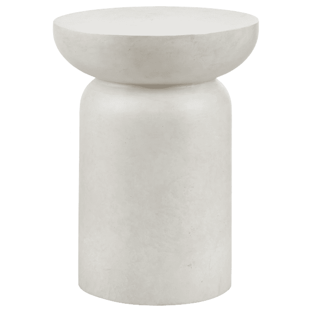 Bouclair Concrete Effect Side Table with a modern cylindrical base and wide round top in a light concrete finish, suitable as a lightweight accent table for living rooms and minimalist spaces.
