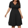 thumbnail image 1 of Robe Bohème Décontractée pour Femmes, Grande Taille, Col en V, Unie, Manches Courtes, Robe Évasée avec Poches, 1 of 6