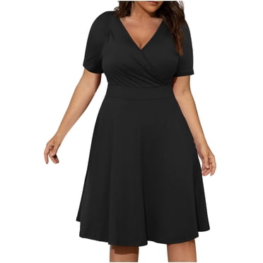Birdeem Womens Casual Plus Size V-Neck Solid Short Sleeve Boho Dress Swing Dress with Pockets