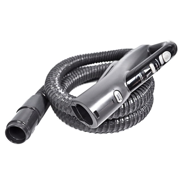Titan T9500 Canister Vacuum Hose Assembly 591013109 front-facing view of a replacement coiled black corrugated hose with molded plastic cuff connectors and swivel joint, ribbed texture along the length, shown alone as a spare part for Titan T9500 canister vacuums.