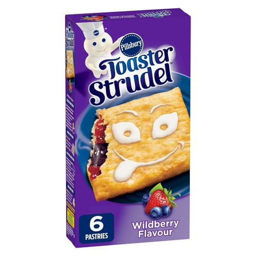 Pillsbury Toaster Strudel Wildberry Pastries box with six frozen breakfast pastries featuring golden crust and wildberry filling, decorated with white icing in a smiling face design, displayed with strawberries and blueberries on the packaging