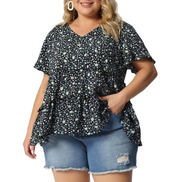 Agnes Orinda Women's Plus Size Summer Boho Floral V Neck Ruffle Sleeves Tiered Babydoll Blouses 4X Black