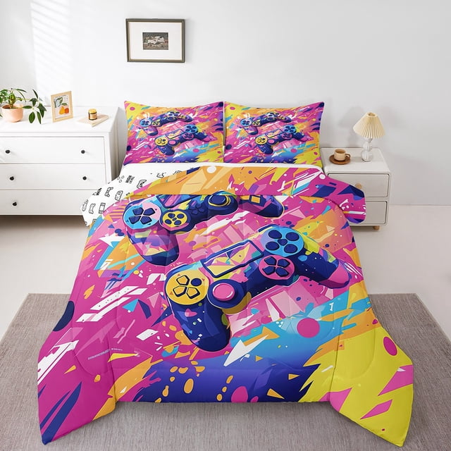 Kids Gamer Toddler Comforter Set for Boys Girls,Colorful Video Game Console Bedding Set Gaming Room Decor,Modern Gamepad Controller Bedding Comforter Sets,Graffiti Abstract Bed Sets