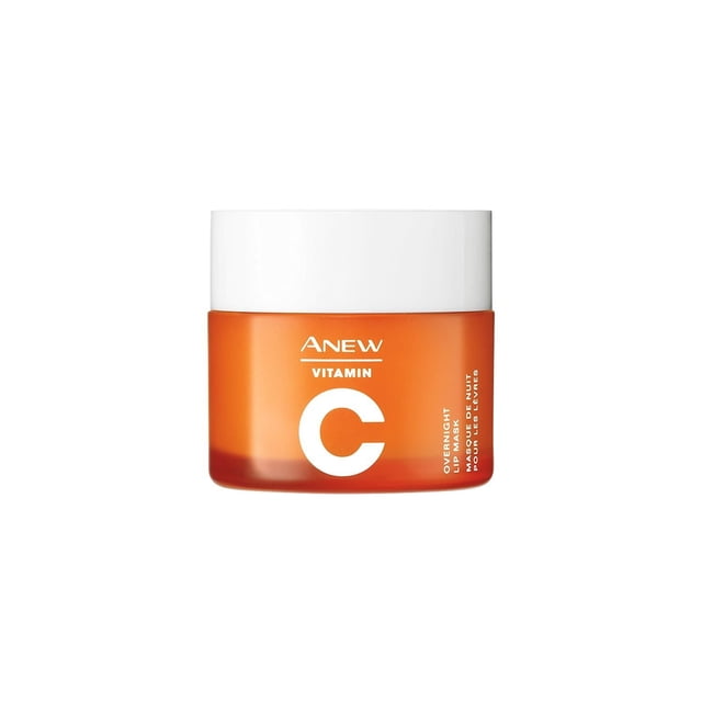 Avon Anew Masque pour les Lèvres de Nuit à la Vitamine C dans un Contenant de 0,7 oz. le Pot Présente une base orange avec Texte Blanc et un Couvercle Blanc. un Soin Hydratant pour les Lèvres Conçu pour Améliorer la texture des Lèvres avec la Vitamine C et le Beurre de Karité pour des Lèvres Plus Lisses et Plus Douces.