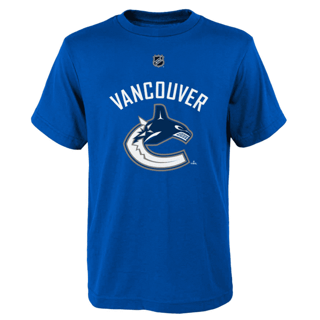 Vancouver Canucks Primary Logo Short Sleeve Tee in vibrant blue, featuring the official NHL team logo in a screen print design. Made from 100% cotton for comfort, this Outerstuff t-shirt is officially licensed by the NHL and ideal for sports fan apparel.