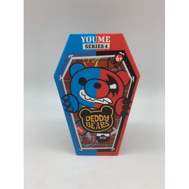 Deddy Bear Series 4 Plush Coffin featuring the Youme character in a hexagonal coffin-shaped box split blue and red with a stylized bear face graphic, suitable for ages 6+, part of a collectible plush toy series with unique personalised coffins.