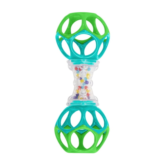 Bright Starts Oball Shaker Toy with two flexible green and blue Oball spheres connected by a clear textured rattle chamber containing colorful beads, designed for easy gripping, shaking, and teething stimulation for infants.
