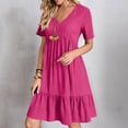 thumbnail image 2 of LOVZFMLL Robes d'Été pour Femmes Décontractées à Manches Courtes Col en V Robe de Plage Fluide à Volants Longueur Genou Rose Vif TTG, 2 of 9