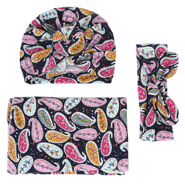 Newborn Swaddle Printed Wrap Quilt Photography Wrap Cloth + Hat + Headband 3-Piece Set