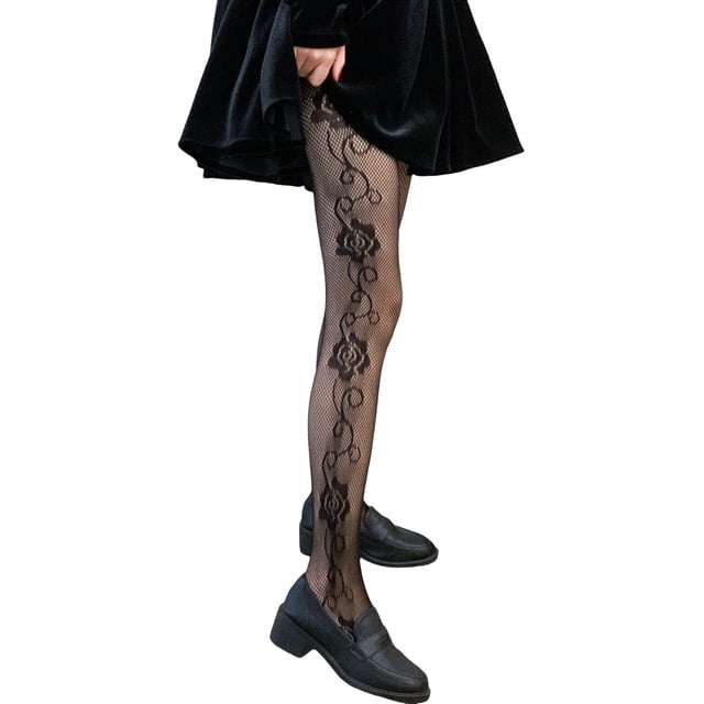 Bas Résille Noirs en Double Tissu pour Femmes Extensibles Confortables Collants à la Mode Taille Unique