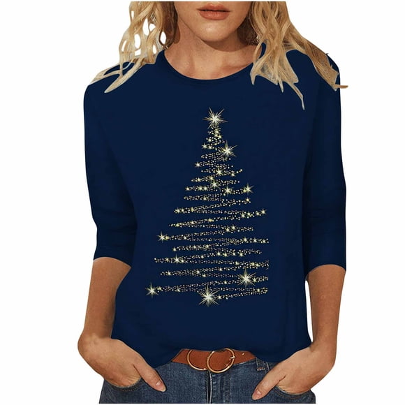 yoeyez Christmas 3/4 Sleeve Shirts for Women Christmas Snowman Print Top Cute Santa Print T-Shirt Round Neck Holiday Tunic Tops Women Sweaters Clearance Cheap