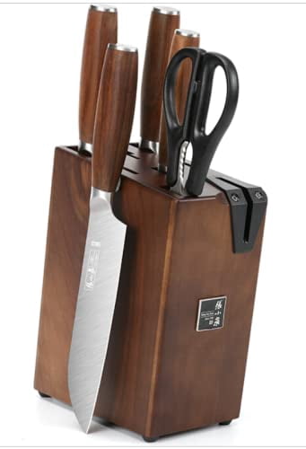 ZHANG XIAO QUAN 5-pc Stainless Steel Knife Set with Block in Pine in Walnut Wood, Chinese Bone Chopping Kn