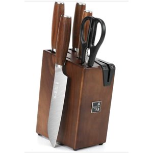 ZHANG XIAO QUAN 5-pc Stainless Steel Knife Set with Block in Pine in Walnut Wood, Chinese Bone Chopping Kn