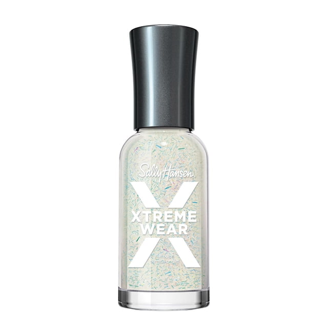 Sally Hansen - Xtreme Wear™ Nail Color in a clear bottle with iridescent micro-shimmer flakes and a black metallic cap, featuring an easy-grip brush for smooth, chip-resistant, waterproof nail polish application suitable for durable nail care.